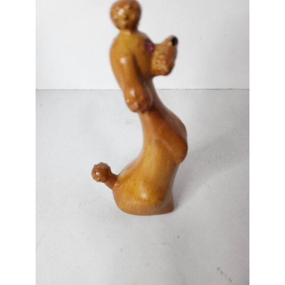Vintage Hand Carved Wood Poodle Dog Figurine Statue Pink Eyes Mid Century Modern - Picture 6 of 10
